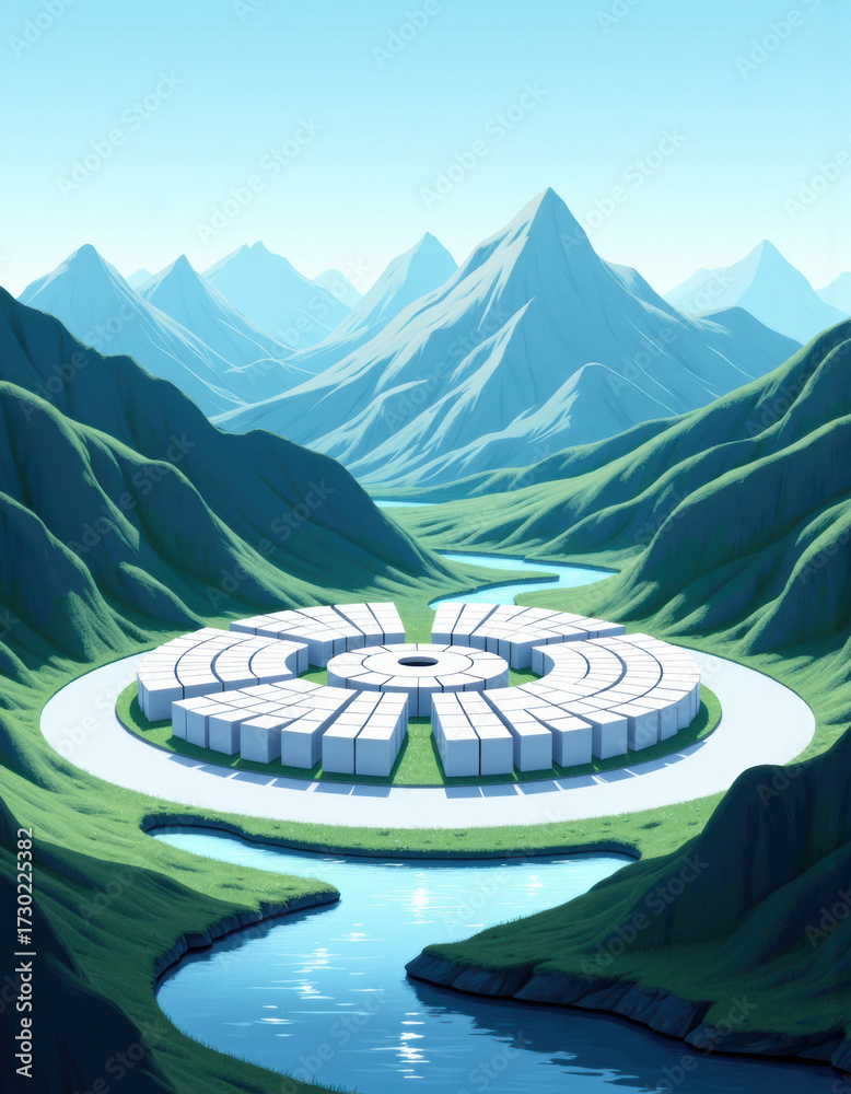 Fototapeta premium Sustainable energy storage facility featuring advanced battery systems in a scenic landscape