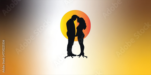 Romantic couple silhouette vector background with sunset and love theme