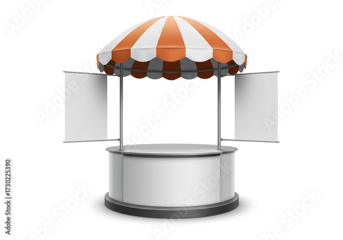 Eye-catching promotional stand mockup ready for branding at your next trade show or event with blank banners and a striking striped canopy for maximum impact