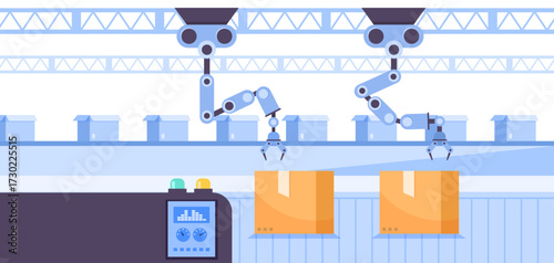Robotic arms operate on conveyor belt in a modern warehouse, flat graphic style on clean white background. Concept of smart automation. Vector illustration