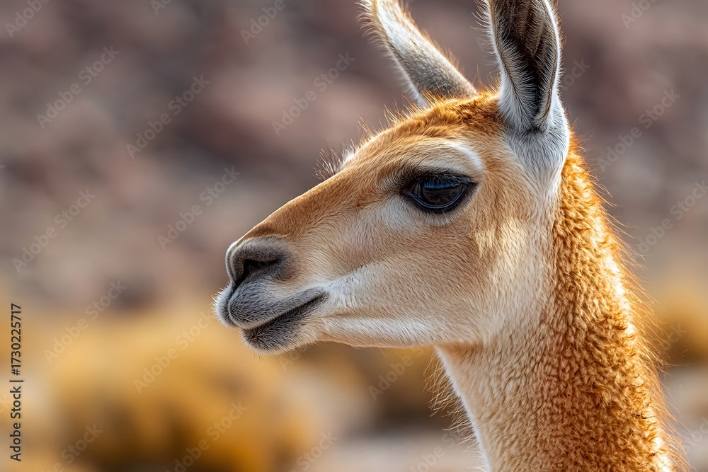 Obraz premium A vicuña stands alert in a dry Andean landscape, its soft fur and delicate features captured in warm afternoon light. 