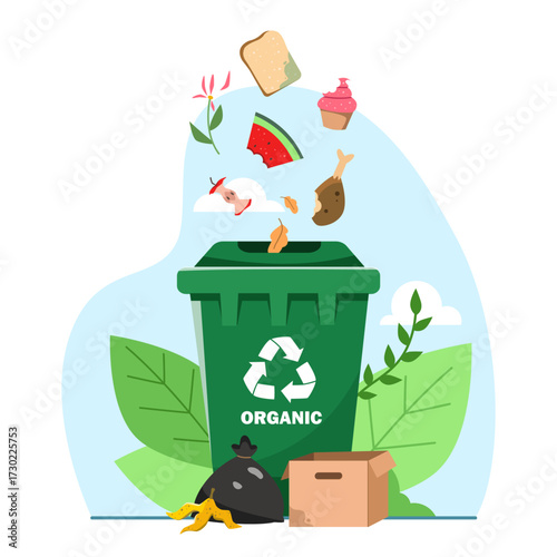 Organic waste like fruits, bread, meat falling into green recycling bin, flat graphic style, on abstract nature background, concept of composting. Vector illustration