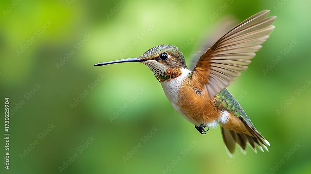 Fototapeta premium A rufous hummingbird hovering in mid air with a green blurred background in a close up shot outdoors
