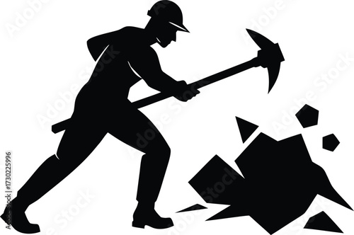 powerful miner using jackhammer to break rock silhouette vector illustration