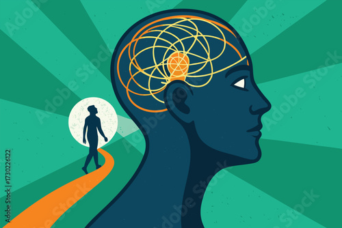 A silhouette of a man walks towards a bright moon and a stylized brain.