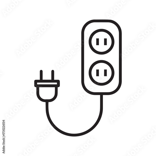 Power strip icon. Simple line art illustration of an electrical extension cord with a plug and multiple sockets, isolated on a white background.
