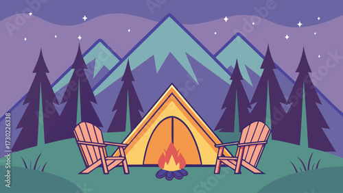 Tent and campfire glow softly under starry skies with mountain backdrop at night