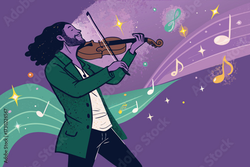 A man with a beard plays the violin with musical notes flying around him.