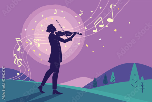 A person plays the violin under a starry sky with musical notes.