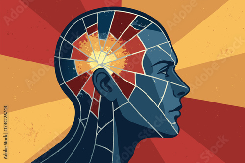 Profile of a human head with segmented brain and radial background. A state of mind concept.