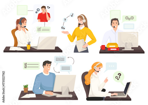 Group of customer service representatives working at desks with computers and headsets, flat style on white background. Concept of tech support. Vector illustration