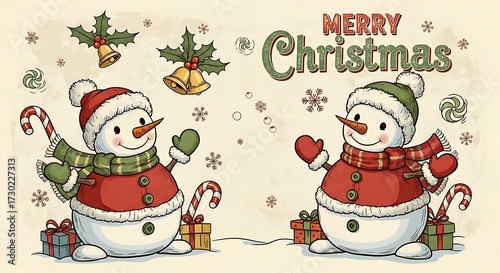 A retro-style holiday postcard illustration featuring two cheerful snowmen with classic 1950s design—simplified round bodies, stitched-on buttons, and hand-drawn details.