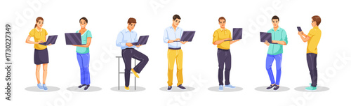 Diverse group of men and women using laptops and smartphones, cartoon style on white background. Concept of teamwork and digital communication. Vector illustration