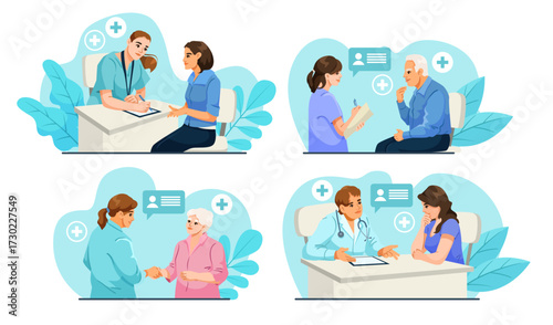 Doctors and patients having conversations in a clinic, flat cartoon style, on abstract blue background, concept of healthcare and checkups. Vector illustration