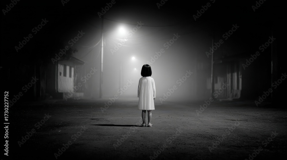Fototapeta premium A solitary child stands in an eerie foggy street at night, illuminated by soft streetlights, creating a haunting and mysterious atmosphere of solitude.