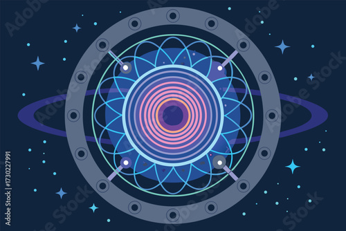 Abstract cosmic digital art featuring a central orbital device with stars.