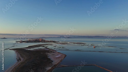 San Pedro del Pinatar Salt Flats Regional Park, Murcia Region, Spain, at dawn from a drone