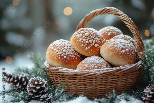 Basket with Christmas bread, pine cones, and greenery.