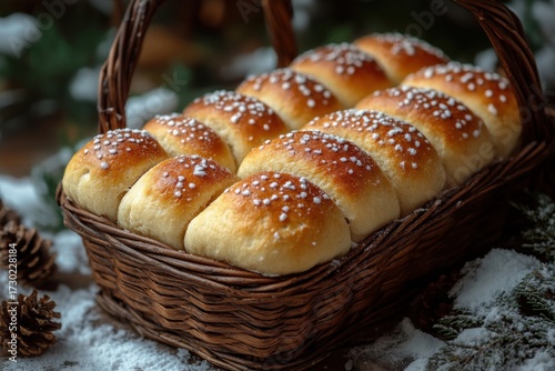Basket of bread dusted with white powder.