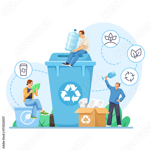 Group of people recycling plastic, glass, and paper near bins, flat style on white background, concept of sustainability and eco awareness. Vector illustration
