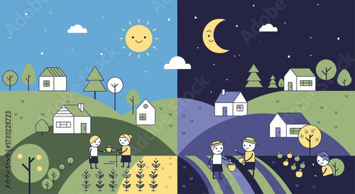 This flat design illustration portrays a harmonious community living in a stylized village, emphasizing the connection between people and nature through simple shapes and a limited color palette.