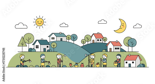 This flat design illustration portrays a harmonious community living in a stylized village, emphasizing the connection between people and nature through simple shapes and a limited color palette.