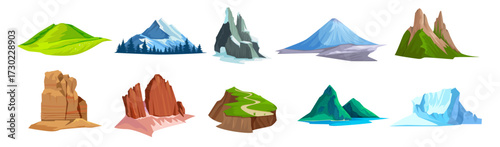 Collection of various stylized mountain shapes with different colors and terrains, flat graphic style, isolated on white. Vector illustration