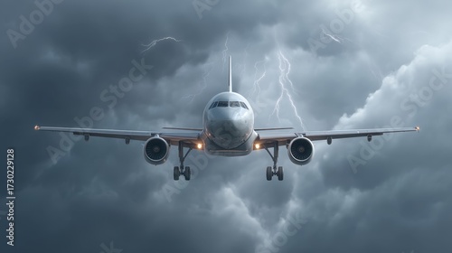 Dramatic Airplane Descending Through Stormy Clouds with Lightning Strikes in the Background, Capturing the Essence of Turbulent Weather Conditions