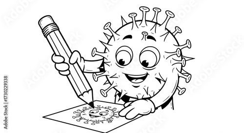 Joyful cartoon virus character with a pencil creates a drawing of itself, highlighting creativity and self-representation with a friendly smile and bright eyes