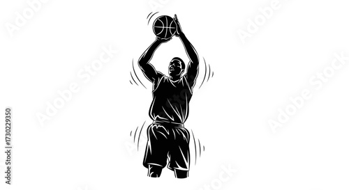 Dynamic basketball player executing a powerful jump shot mid-air, radiating athletic prowess and competitive spirit for sports marketing