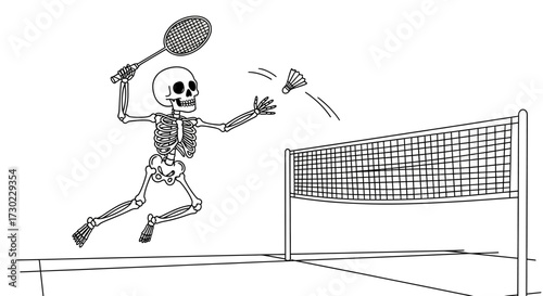Playful skeleton smashes shuttlecock in energetic badminton match, bringing a humorous twist to sport and fitness themes.