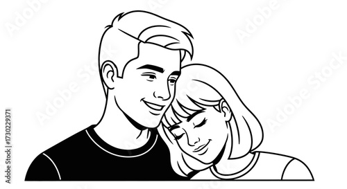 Sweet embrace of a loving couple sharing a tender moment, capturing pure affection and deep connection in a simple, elegant line art style.