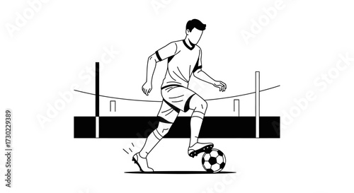 Dynamic soccer player skillfully dribbling a ball on a minimalist stadium field, capturing athletic action and competitive spirit