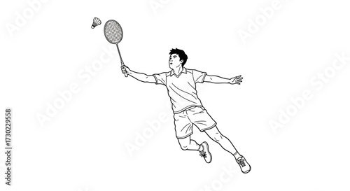 Dynamic badminton player in mid-air smash showcases energy and athleticism, perfect for sports, fitness, or active lifestyle campaigns