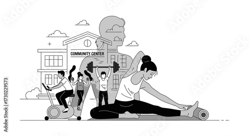 Inspiring community wellness with exercise classes and fitness facilities for healthy living lifestyle in monochrome, promoting fitness and active recreation