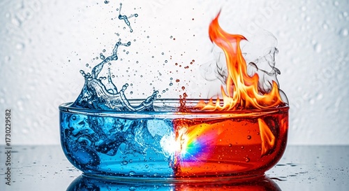 Contrasting water splashes and vibrant fire flames fill a transparent glass bowl sitting on reflective surface