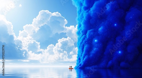 Two silhouetted people row a boat towards a large blue nebula cloudscape upon water