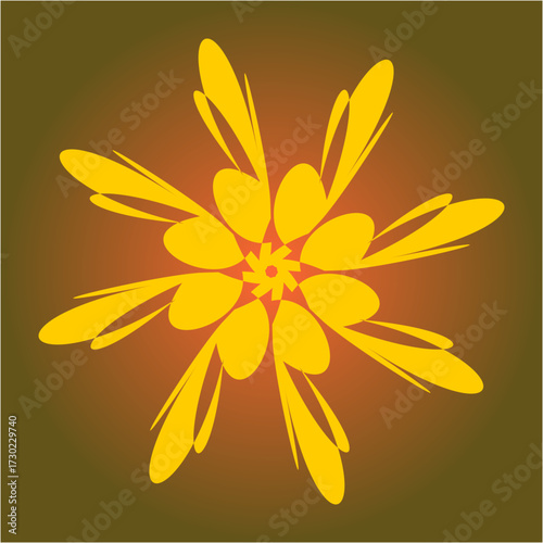 Radiant yellow petals burst outward like fiery sparks, glowing against a warm gradient, symbolizing energy, transformation, vitality, balance, and harmony.
