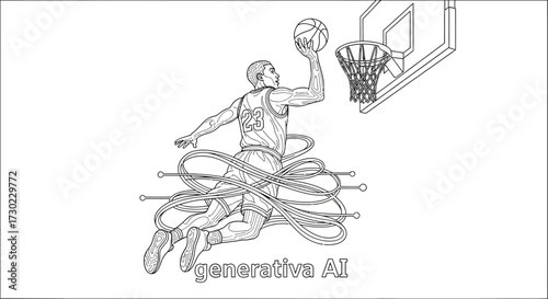 Dynamic basketball player soars for slam dunk with generative AI style, a modern take on sports action suitable for tech companies and athletic brands