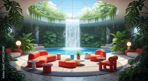 Lush tropical indoor garden features a serene waterfall and bright modern furniture arrangement