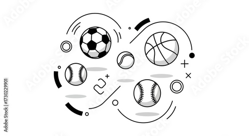 Dynamic sports balls collage with abstract shapes and lines, perfect for energetic branding and design projects