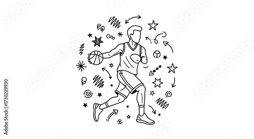 Dynamic basketball player dribbling ball surrounded by playful doodles, stars, and arrows capturing energetic movement and sport.