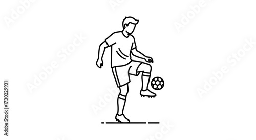 Dynamic footballer masterfully controlling a soccer ball with skillful footwork in a minimalist line art style, perfect for sports branding and athletic promotion.