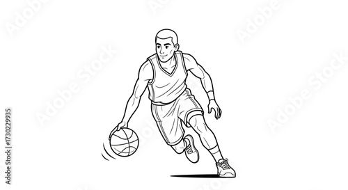 Dynamic basketball player skillfully dribbling the ball with intense focus during an energetic game, capturing athletic prowess