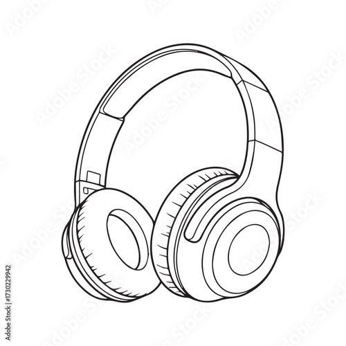Over-ear headphones line art. Simple black and white outline drawing of an audio gadget for listening to music and sound. Isolated vector illustration, coloring page.
