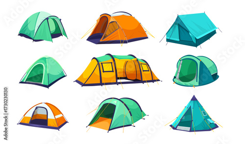 Various types of camping tents in vibrant colors and styles, flat graphic style on white background. Concept of outdoor adventure gear. Vector illustration