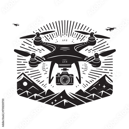 Black and white illustration of a drone flying over mountains with sunburst and smaller drones