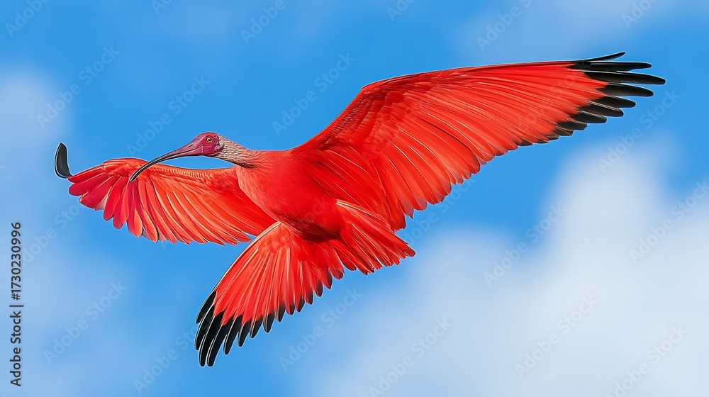 Obraz premium A vibrant scarlet ibis soars gracefully against a backdrop of clear blue sky with scattered clouds