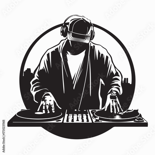 Silhouette of Energetic Male DJ Spinning Records Vector on White Background