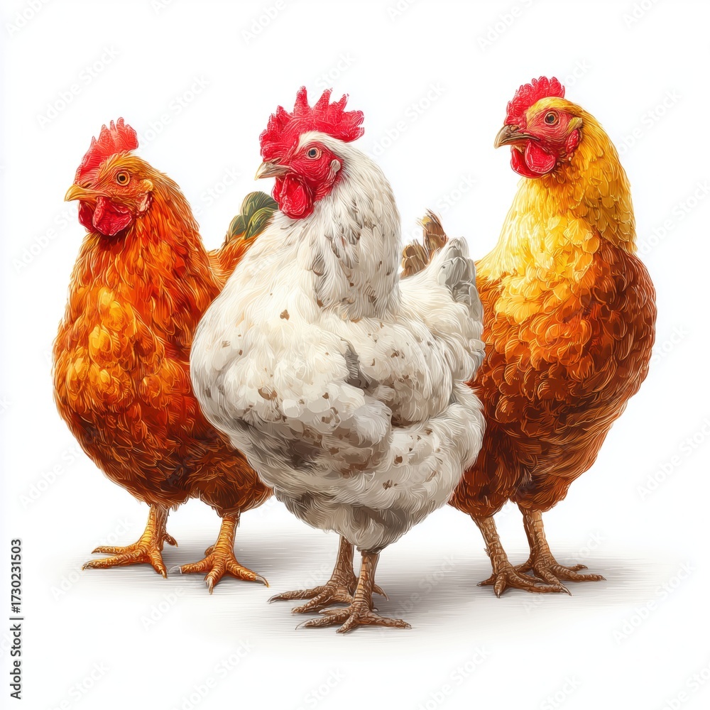 Fototapeta premium Three chickens isolated on white background cut out png